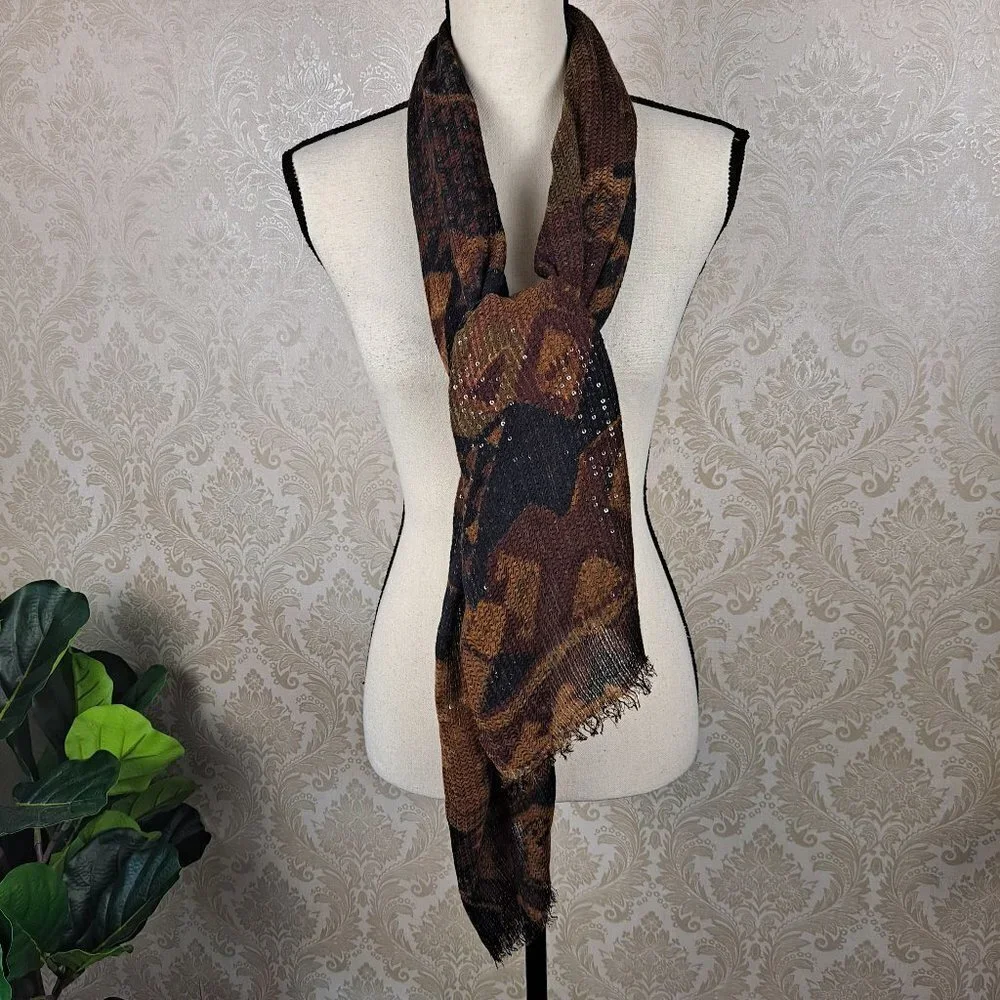 Sequined Scarf Black/Brown/Tan/Gold Pattern Short Fringed Ends EUC